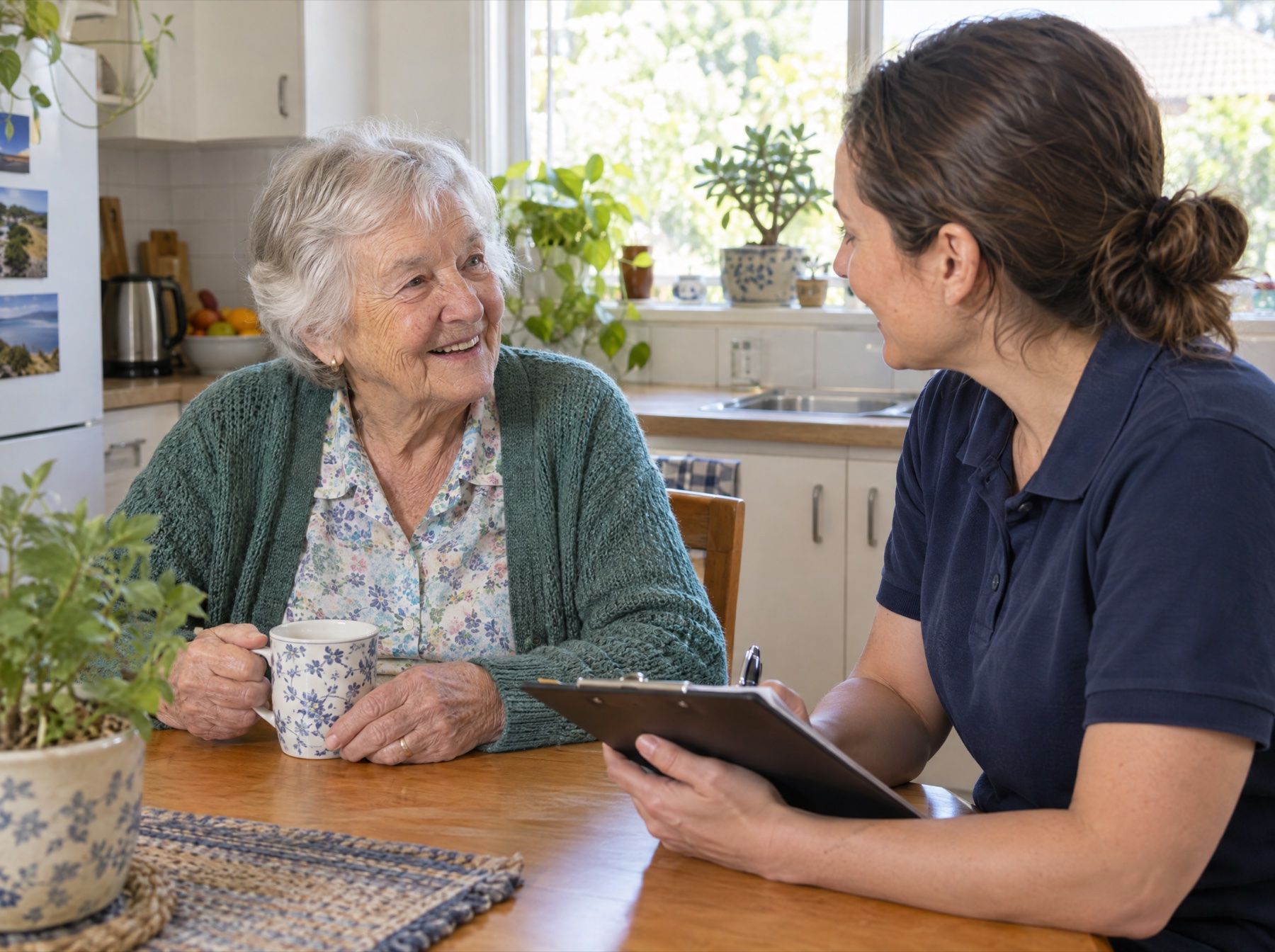 An older woman with a cup of tea smiles as she talks with a support worker holding a clipboard at her kitchen table