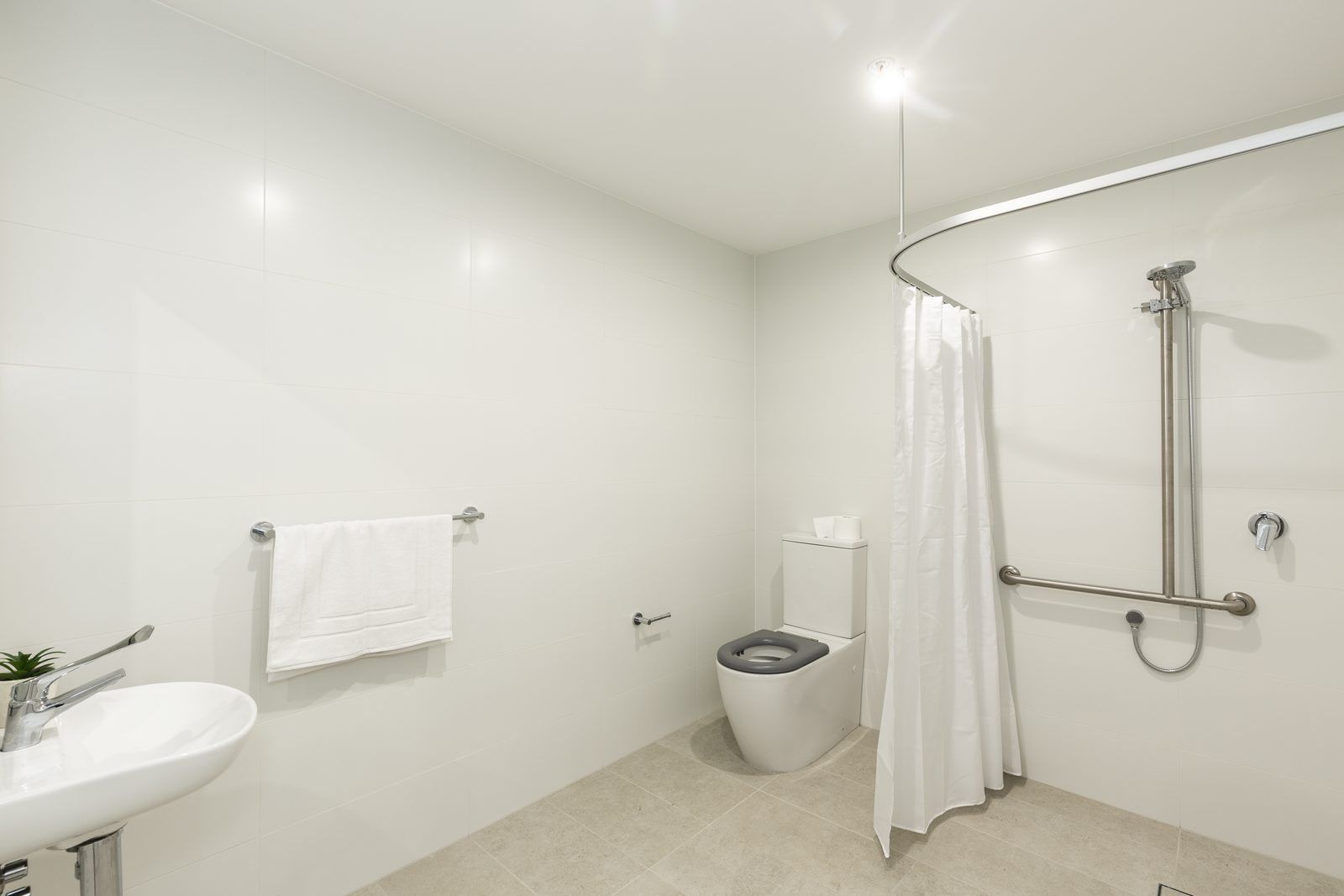 Photo 4 of 8: Level-entry accessible bathroom with grab rails and shower