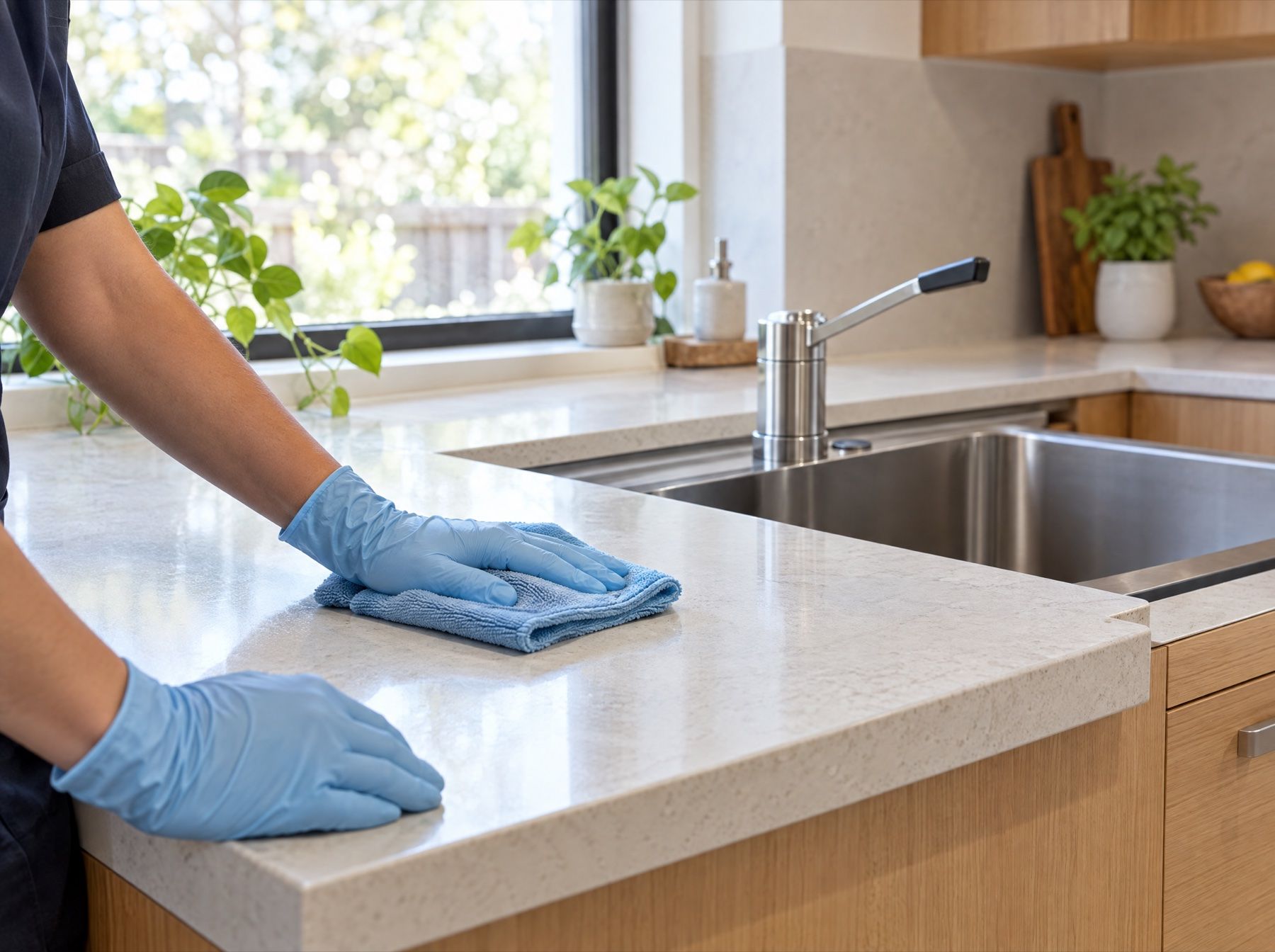 Gloved hands wipe a stone kitchen benchtop beside the sink with a microfibre cloth