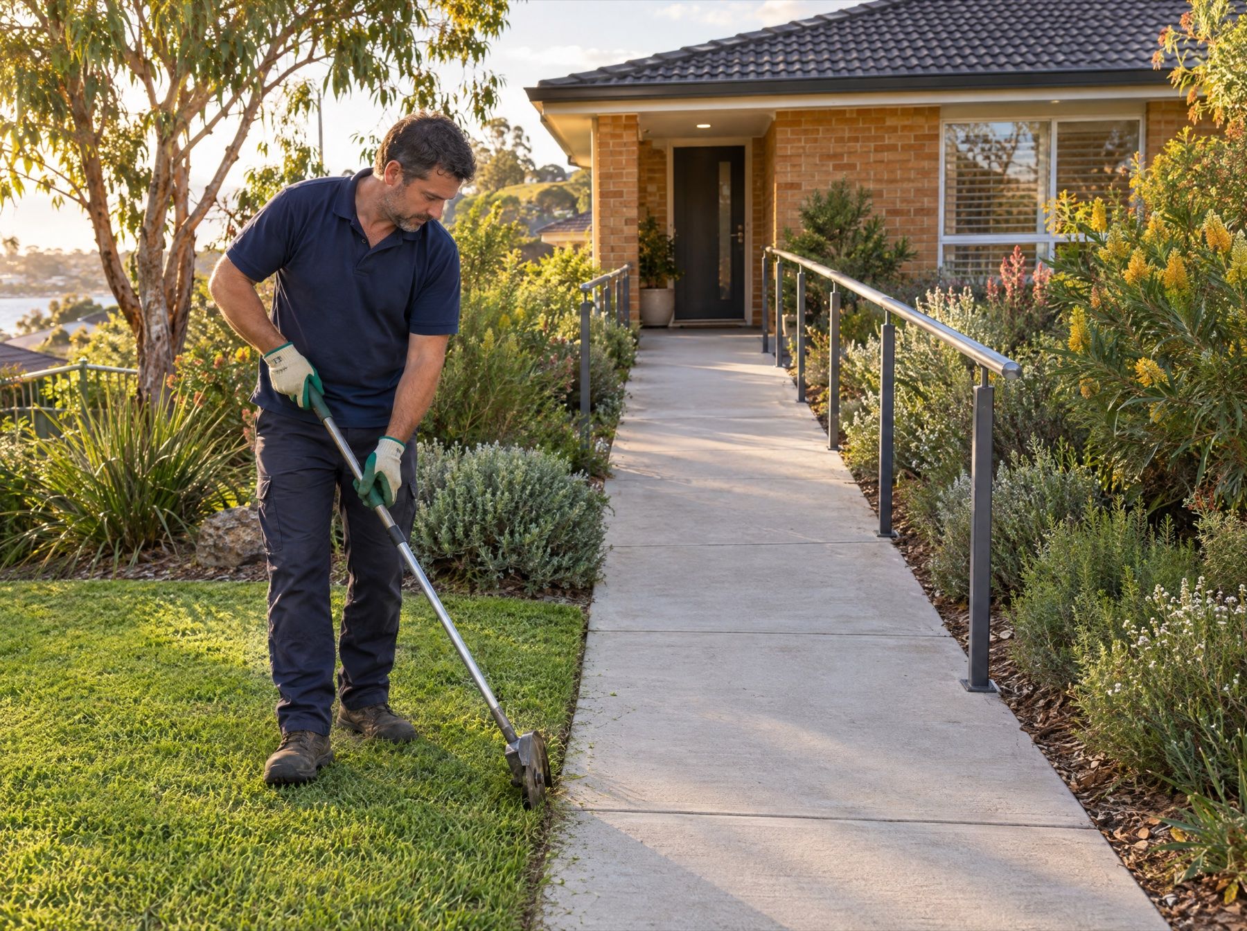 A gardener edges a lawn beside a wide path and handrail leading to the front door of a single-storey brick home