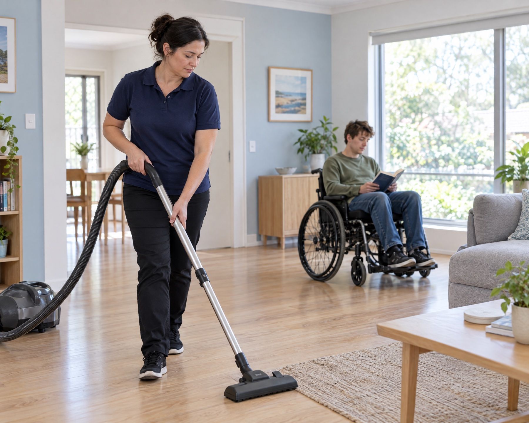 A support worker vacuums the timber floor of a bright living room while a young man in a wheelchair reads by the window
