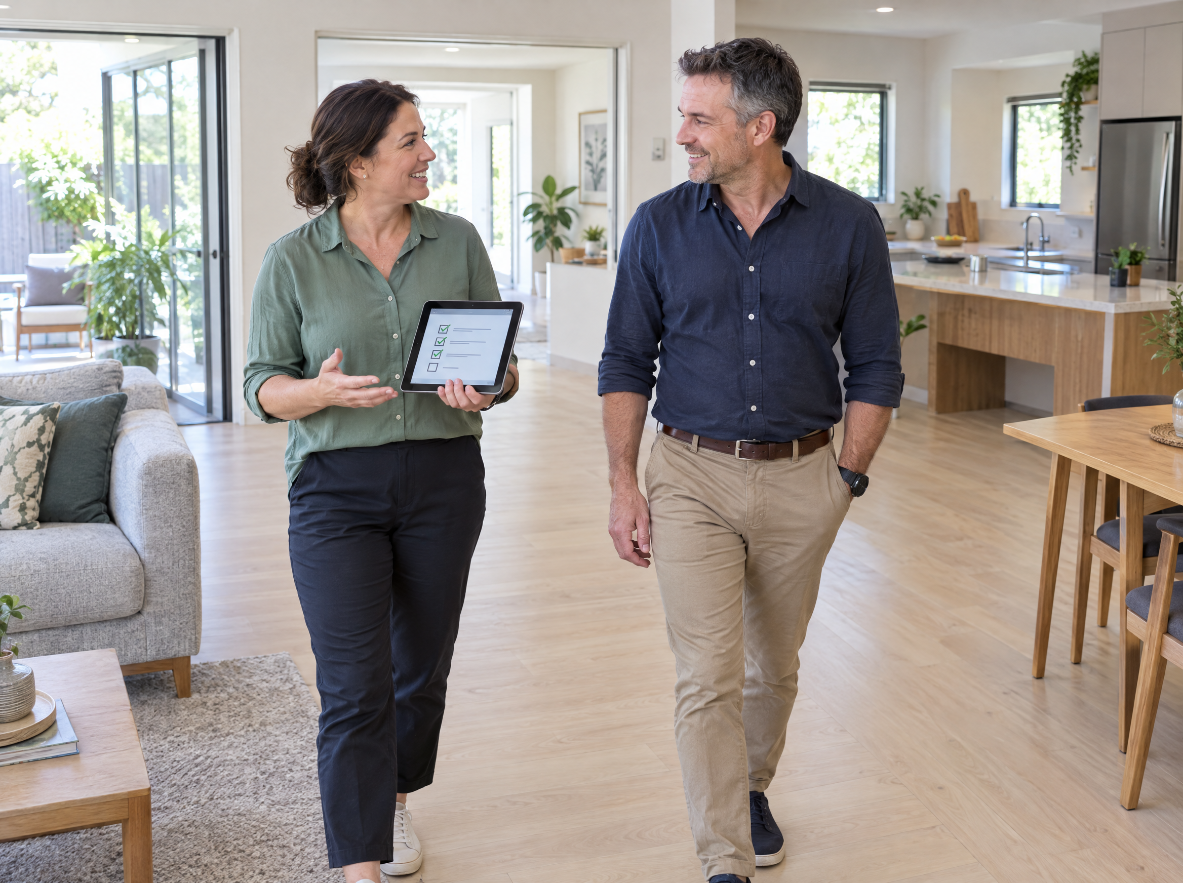 Two operations staff with a tablet checklist walk through the living room of an accessible shared home