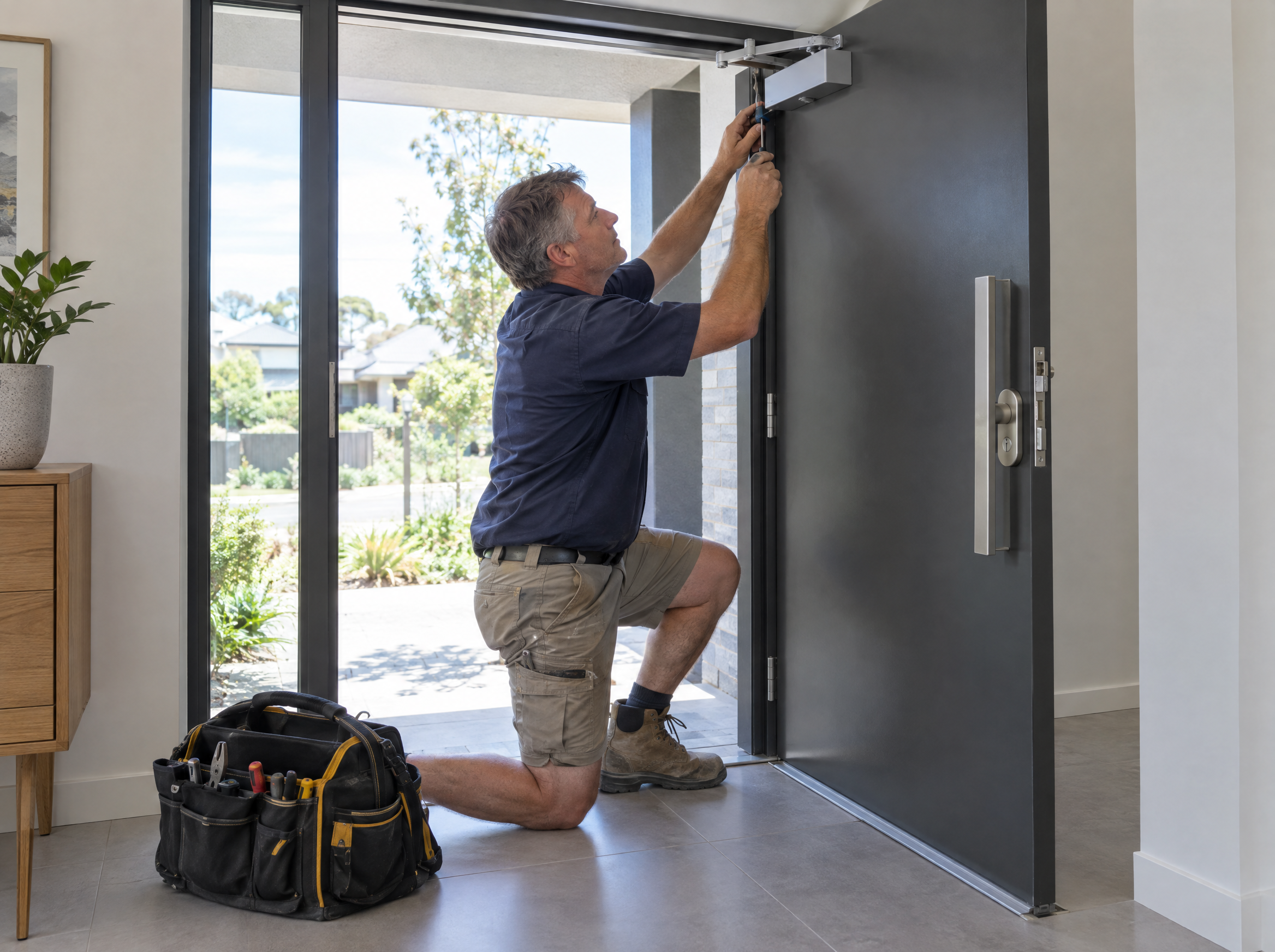 A tradesman adjusts the closer on a wide accessible front door