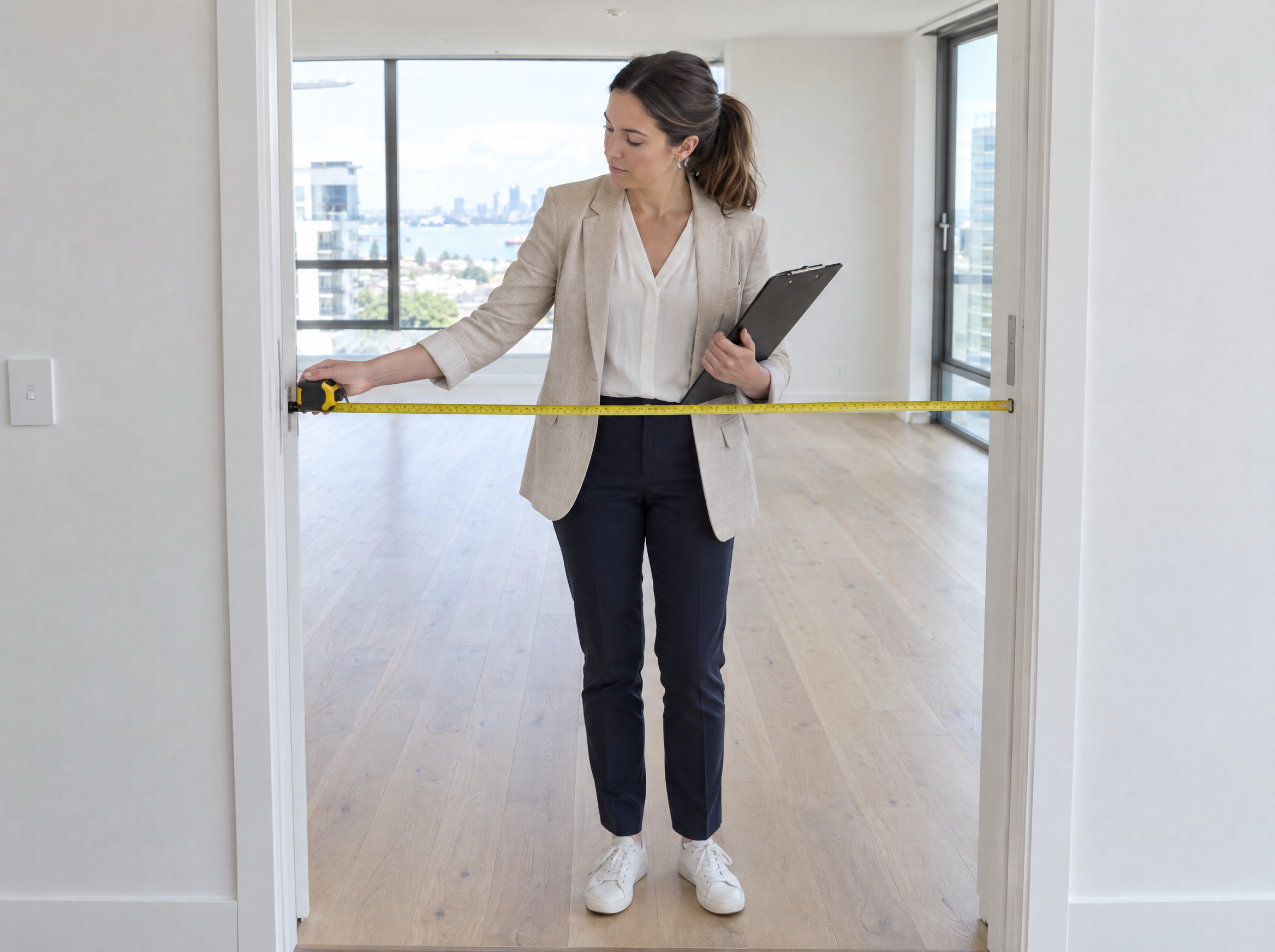 A property consultant measures the width of a step-free doorway in a newly finished apartment