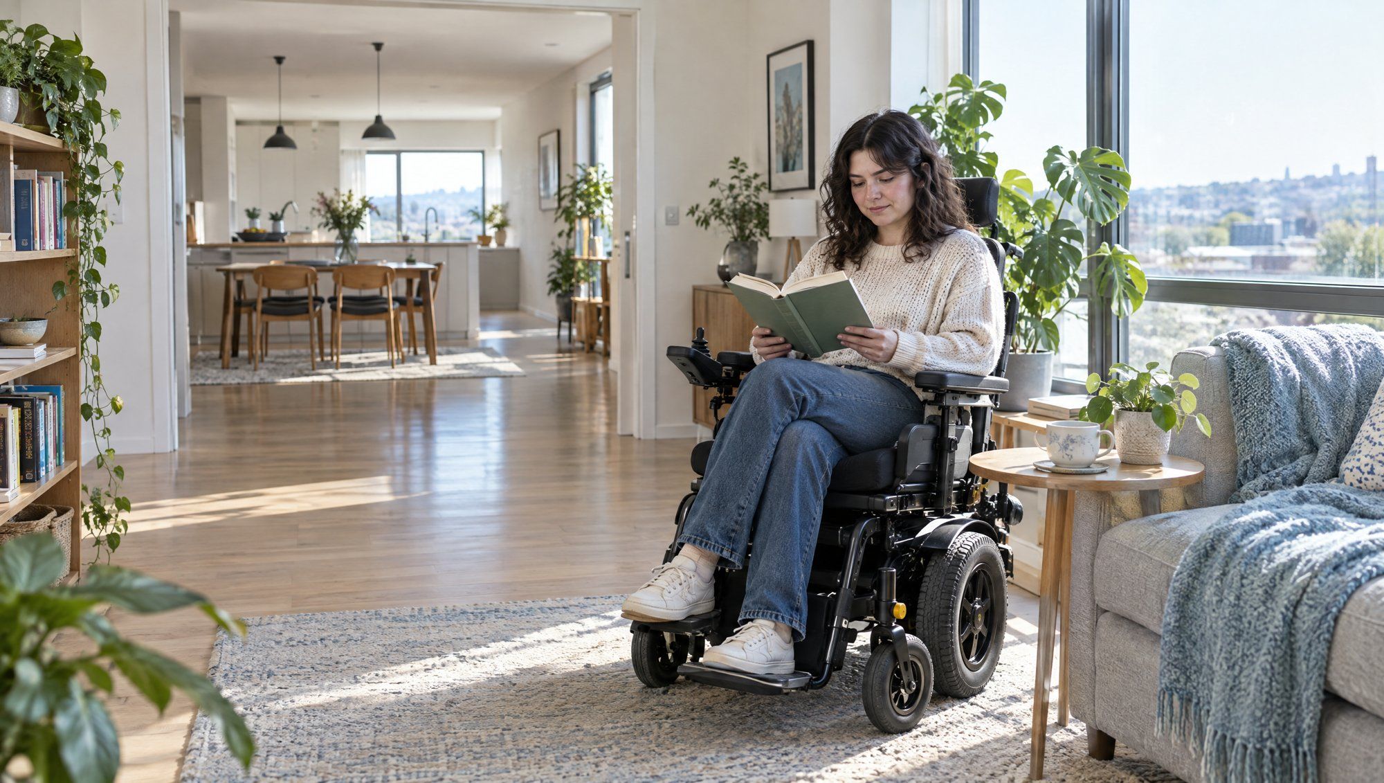 A young woman in a power wheelchair reads by the window of her spacious, light-filled living room